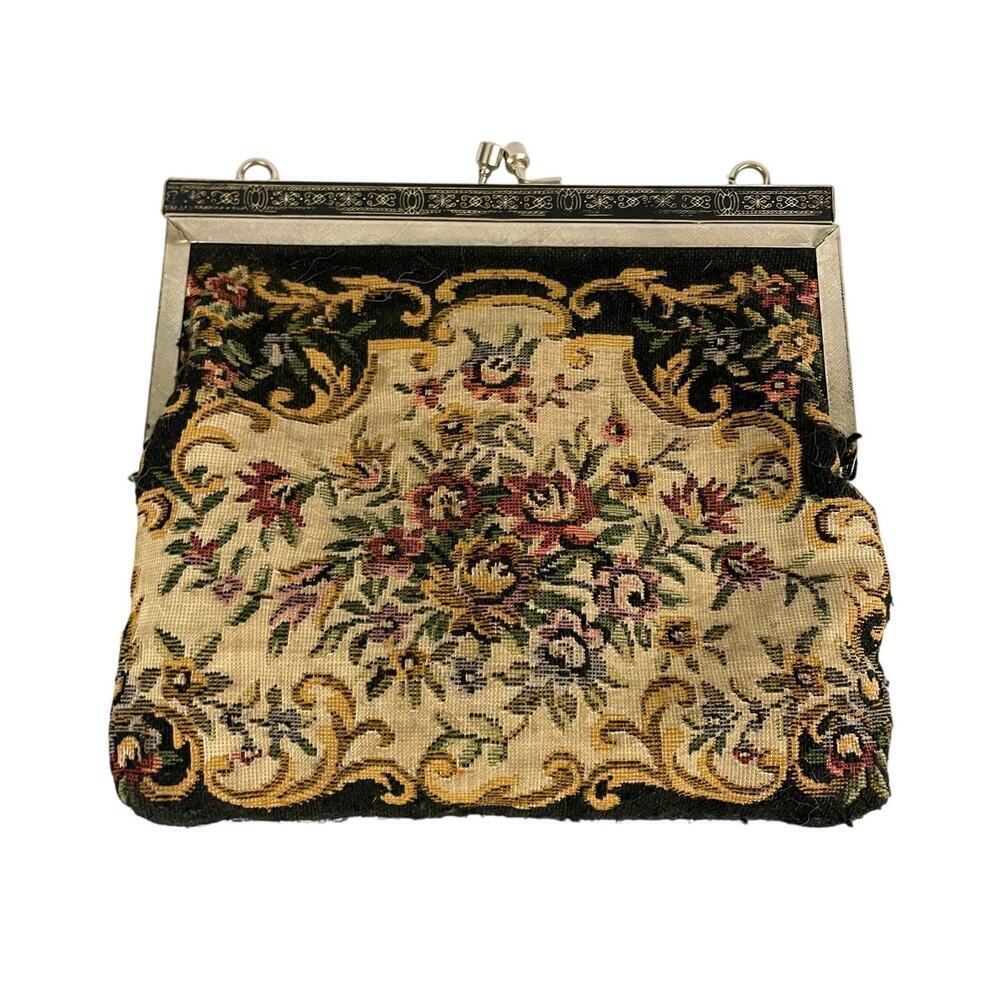 VTG Petit Point Tapestry Floral Brocade‎ Purse Handbag 1950's No straps